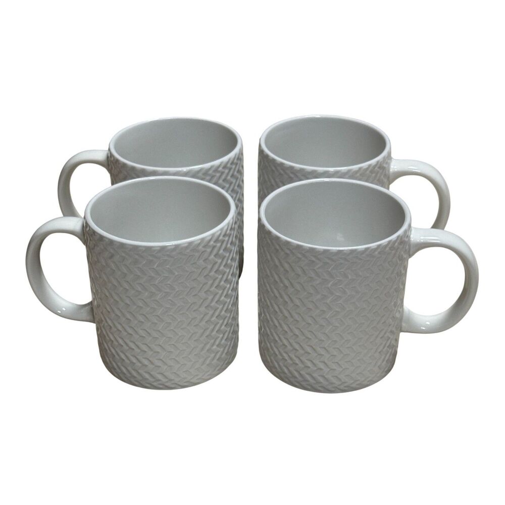 Pfaltzgraff Winston 12oz Coffee Mugs Set 4 White Embossed Chevron Porcelain Cups